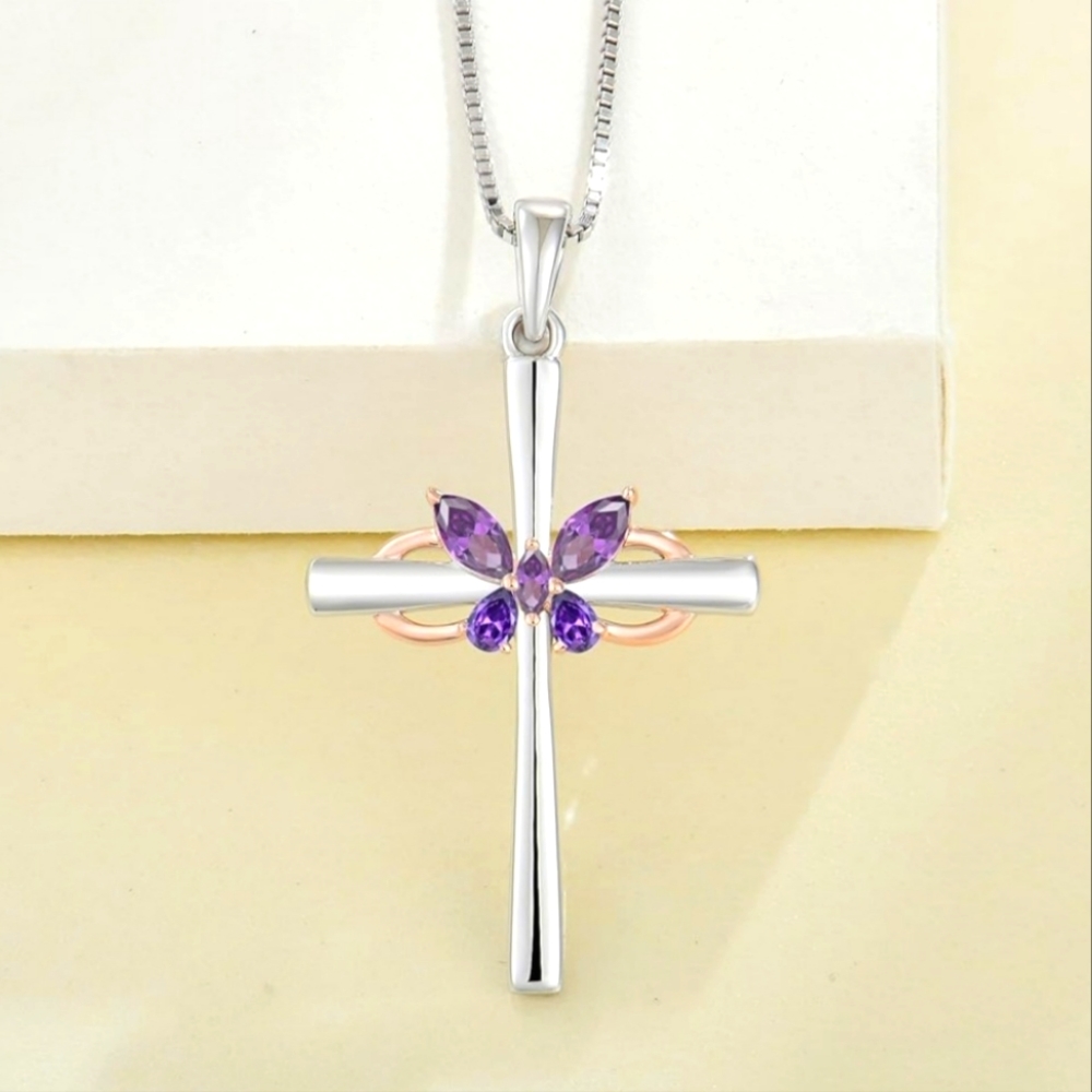 925 Sterling silver amethyst butterfly cross necklace